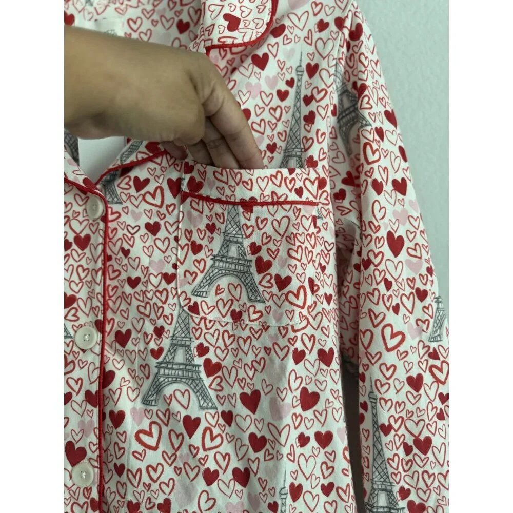 BedHead Women's Long Sleeve Button Down Pajama Top Heart Eiffel Notch Size M NEW